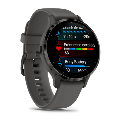Montre de Sport Garmin Venu 3S boîtier acier inoxydable gris foncé et bracelet en silicone gris foncé