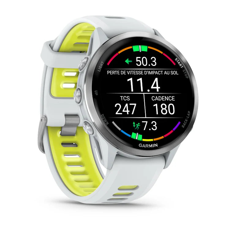 Forerunner® 970 Titane Silver, boîtier blanc et bracelet blanc/jaune translucide