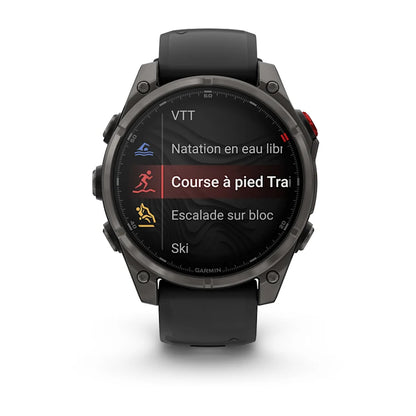 Montre GPS Garmin fēnix® 8 Pro – 47 mm, AMOLED Sapphire, Titane Carbon Gray DLC avec bracelet en silicone noir/gris galet