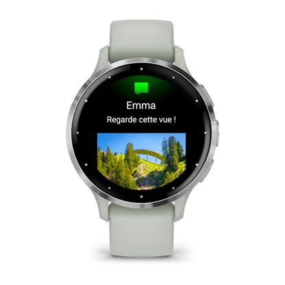 Montre de Sport Garmin Venu 3S boîtier  acier inoxydable et bracelet en silicone vert sauge