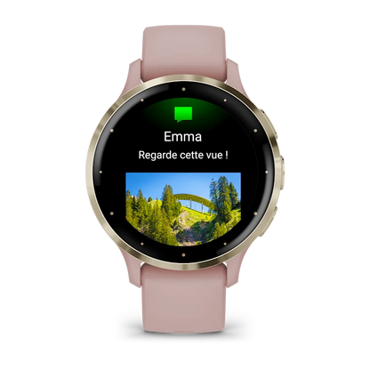 Montre de Sport Garmin Venu 3S boîtier acier inoxydable Soft Gold avec boîtier et bracelet en silicone rose poudré