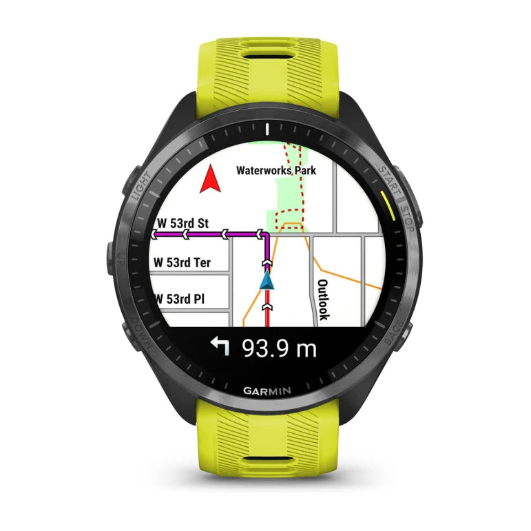 Forerunner® 965 noire avec lunette en titane et bracelet en silicone jaune vif/noir