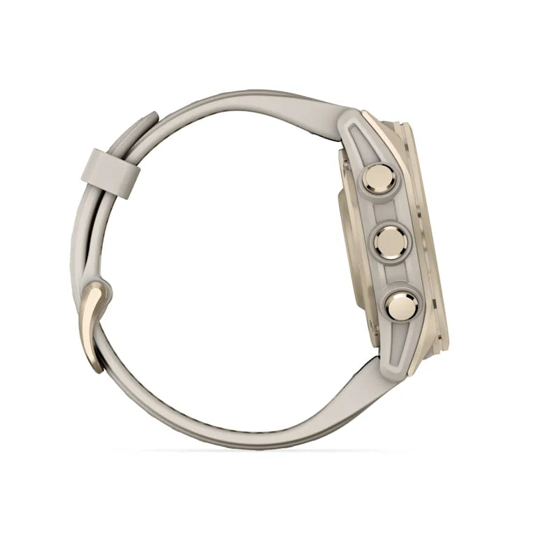 Montre GPS Garmin Fénix 8 AMOLED - 43 mm Sapphire Titane Soft Gold avec Bracelet en Silicone Gris Beige