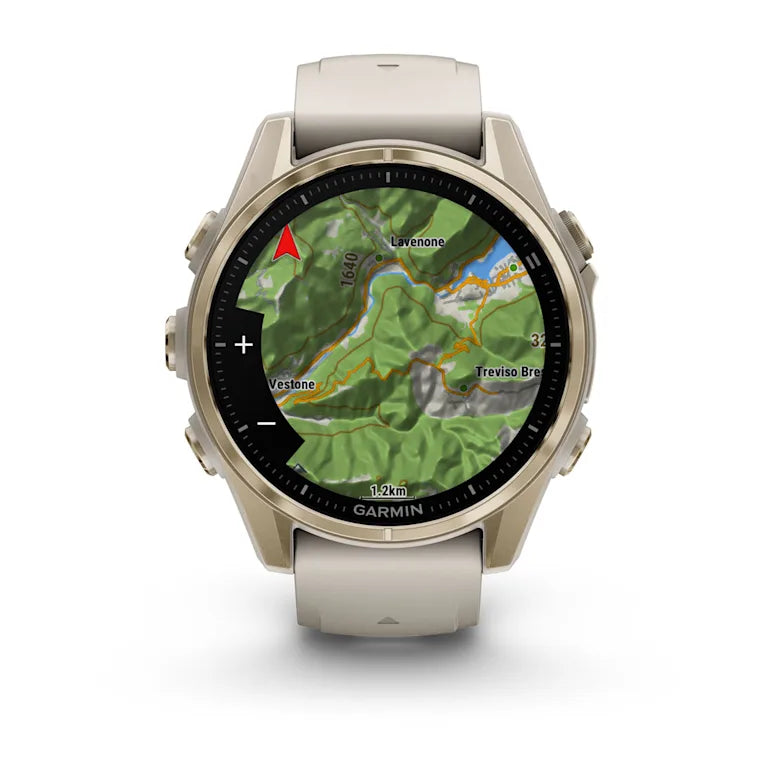 Montre GPS Garmin Fénix 8 AMOLED - 43 mm Sapphire Titane Soft Gold avec Bracelet en Silicone Gris Beige