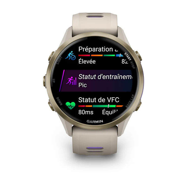 Forerunner® 970 Titane Soft Gold, boîtier lin et bracelet lin/violet translucide