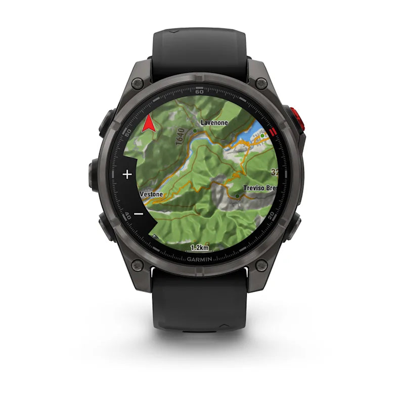 Montre GPS Garmin fēnix® 8 Pro – 47 mm, AMOLED Sapphire, Titane Carbon Gray DLC avec bracelet en silicone noir/gris galet