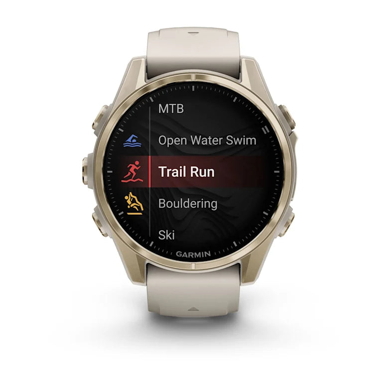 Montre GPS Garmin Fénix 8 AMOLED - 43 mm Sapphire Titane Soft Gold avec Bracelet en Silicone Gris Beige