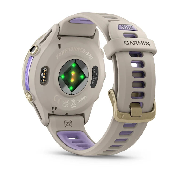 Forerunner® 970 Titane Soft Gold, boîtier lin et bracelet lin/violet translucide