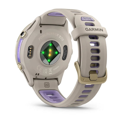 Forerunner® 970 Titane Soft Gold, boîtier lin et bracelet lin/violet translucide