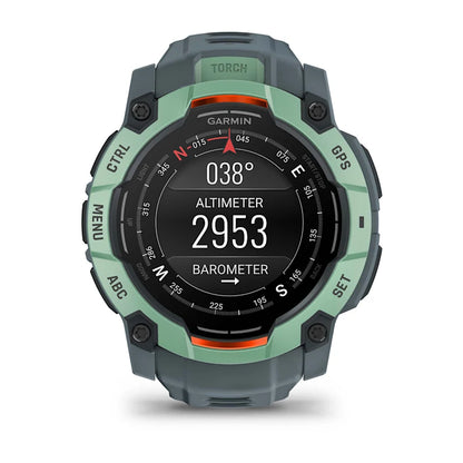 Montre GPS Garmin Instinct 3 AMOLED - 50 mm Vert d'eau avec bracelet bleu crépuscule