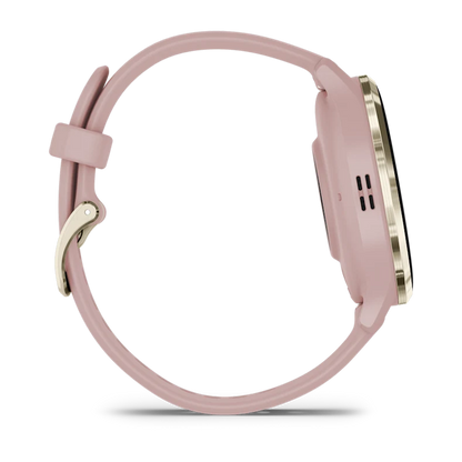 Montre de Sport Garmin Venu 3S boîtier acier inoxydable Soft Gold avec boîtier et bracelet en silicone rose poudré