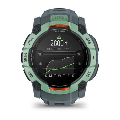 Montre GPS Garmin Instinct 3 AMOLED - 50 mm Vert d'eau avec bracelet bleu crépuscule