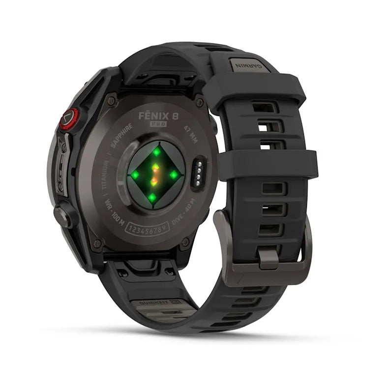 Montre GPS Garmin fēnix® 8 Pro – 47 mm, AMOLED Sapphire, Titane Carbon Gray DLC avec bracelet en silicone noir/gris galet