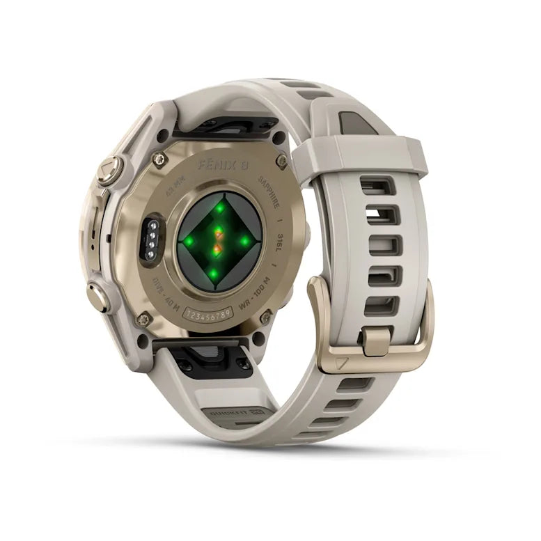 Montre GPS Garmin Fénix 8 AMOLED - 43 mm Sapphire Titane Soft Gold avec Bracelet en Silicone Gris Beige