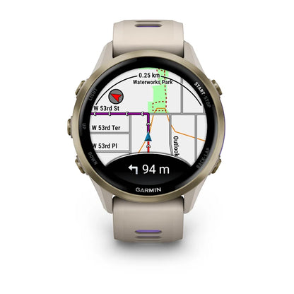 Forerunner® 970 Titane Soft Gold, boîtier lin et bracelet lin/violet translucide