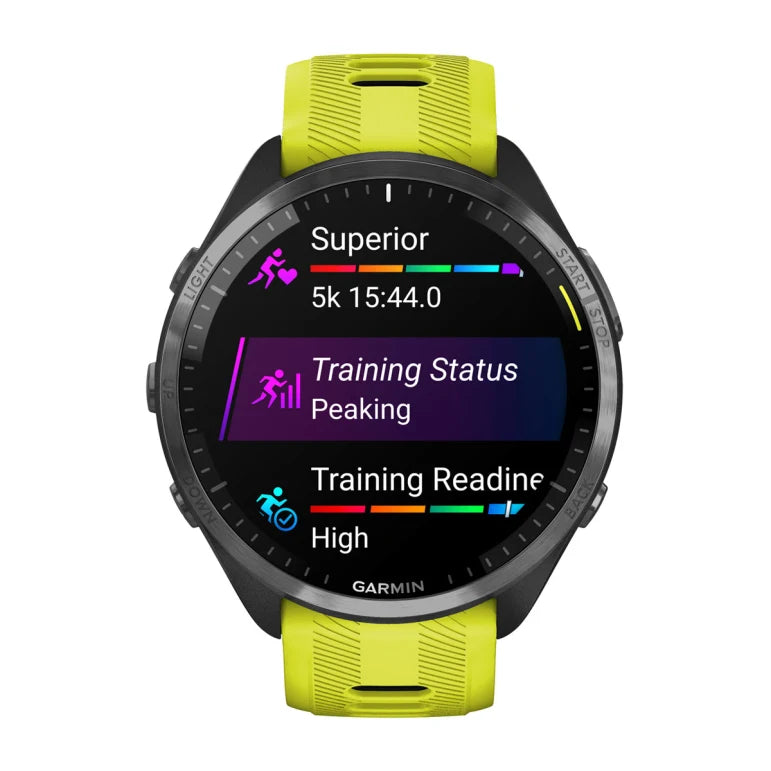 Forerunner® 965 noire avec lunette en titane et bracelet en silicone jaune vif/noir